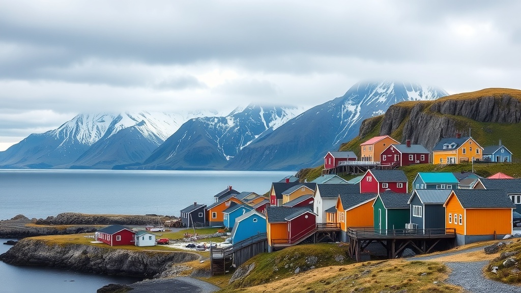 Colorful houses in a coastal town of Greenland with mountains in the background.