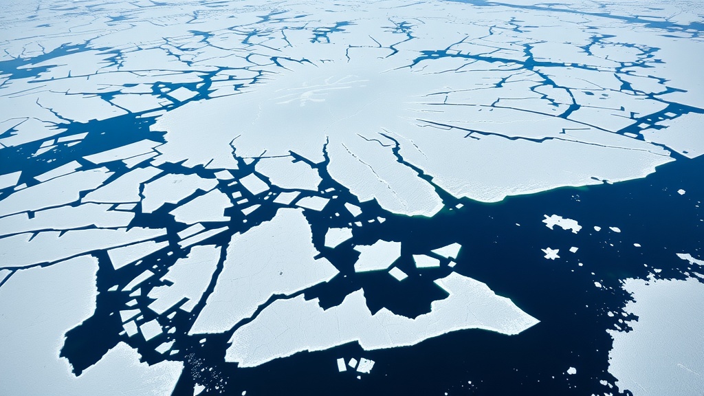 Aerial view of Greenland's ice cap with fragmented ice floes in a deep blue sea.