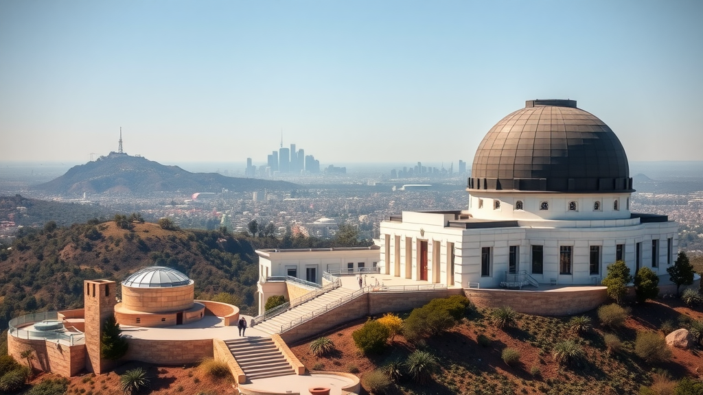 A view of Griffith Observatory with the city skyline in the background.