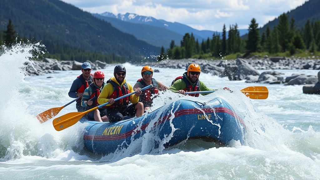 Group rafting on a river with rapids, surrounded by trees and rocky cliffs.