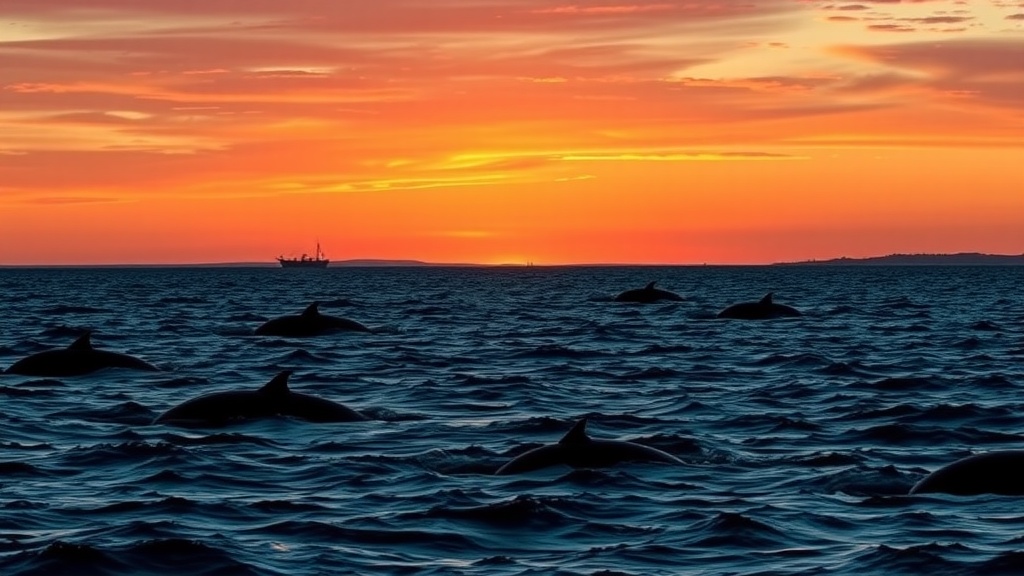 Whales surfacing in the Gulf of Maine at sunset.