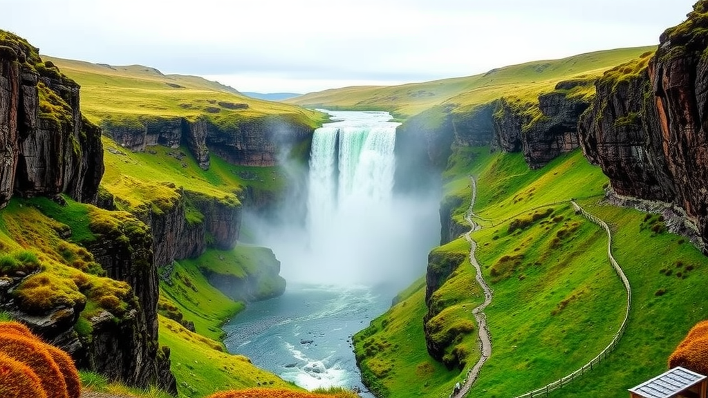 A view of Gullfoss Waterfall cascading down a rocky cliff surrounded by lush greenery.