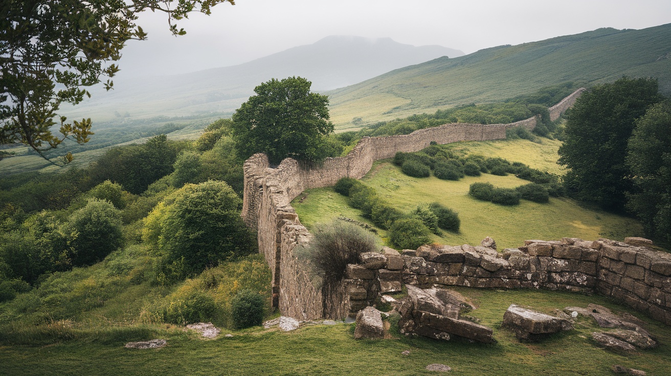 A scenic view of Hadrian's Wall surrounded by lush greenery and hills.