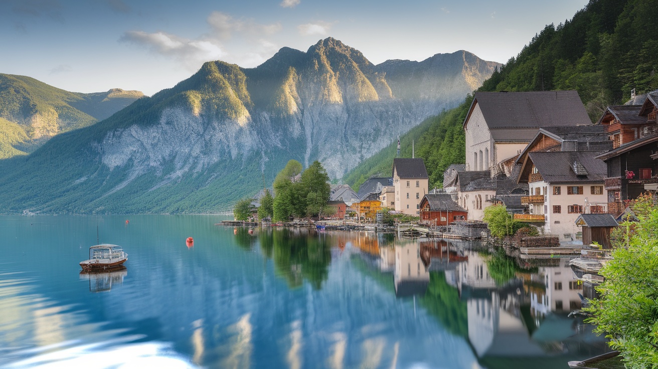 A picturesque view of Hallstatt, Austria, with reflections in the lake and mountains in the background.