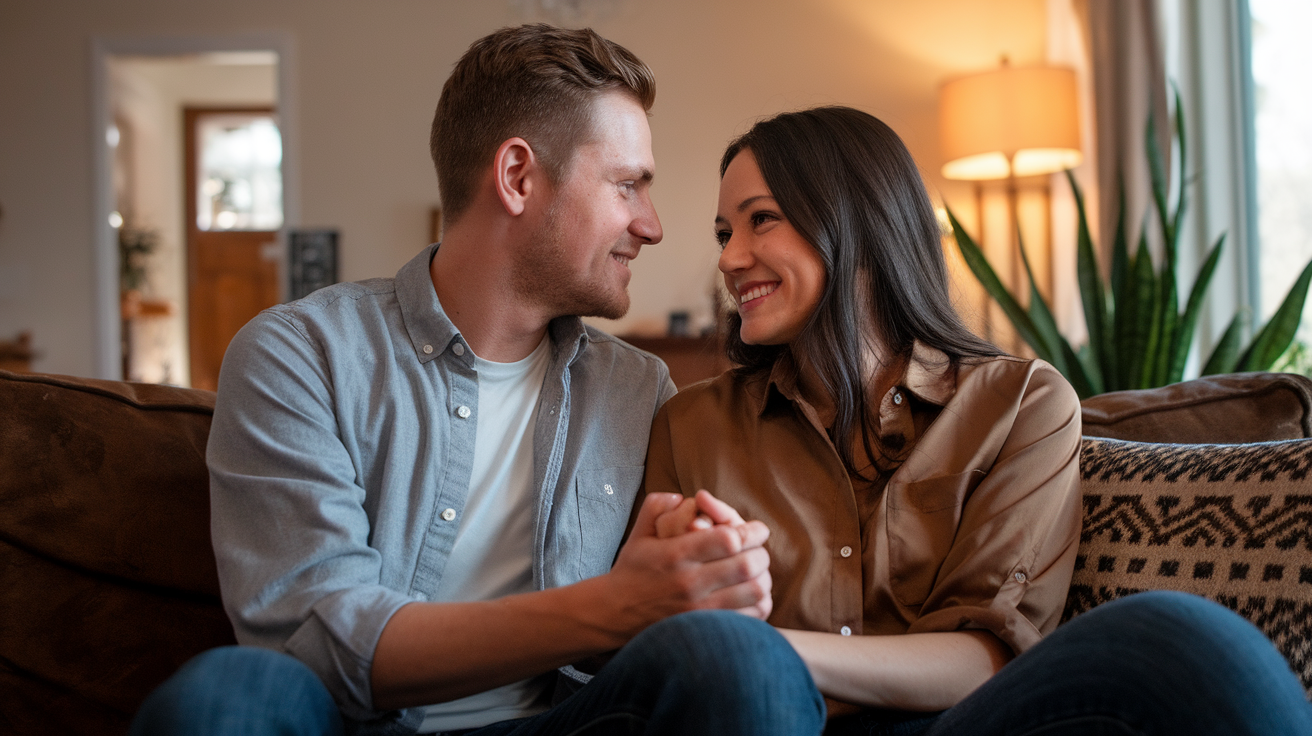 A couple sitting close together, smiling and holding hands, suggesting a strong emotional connection.