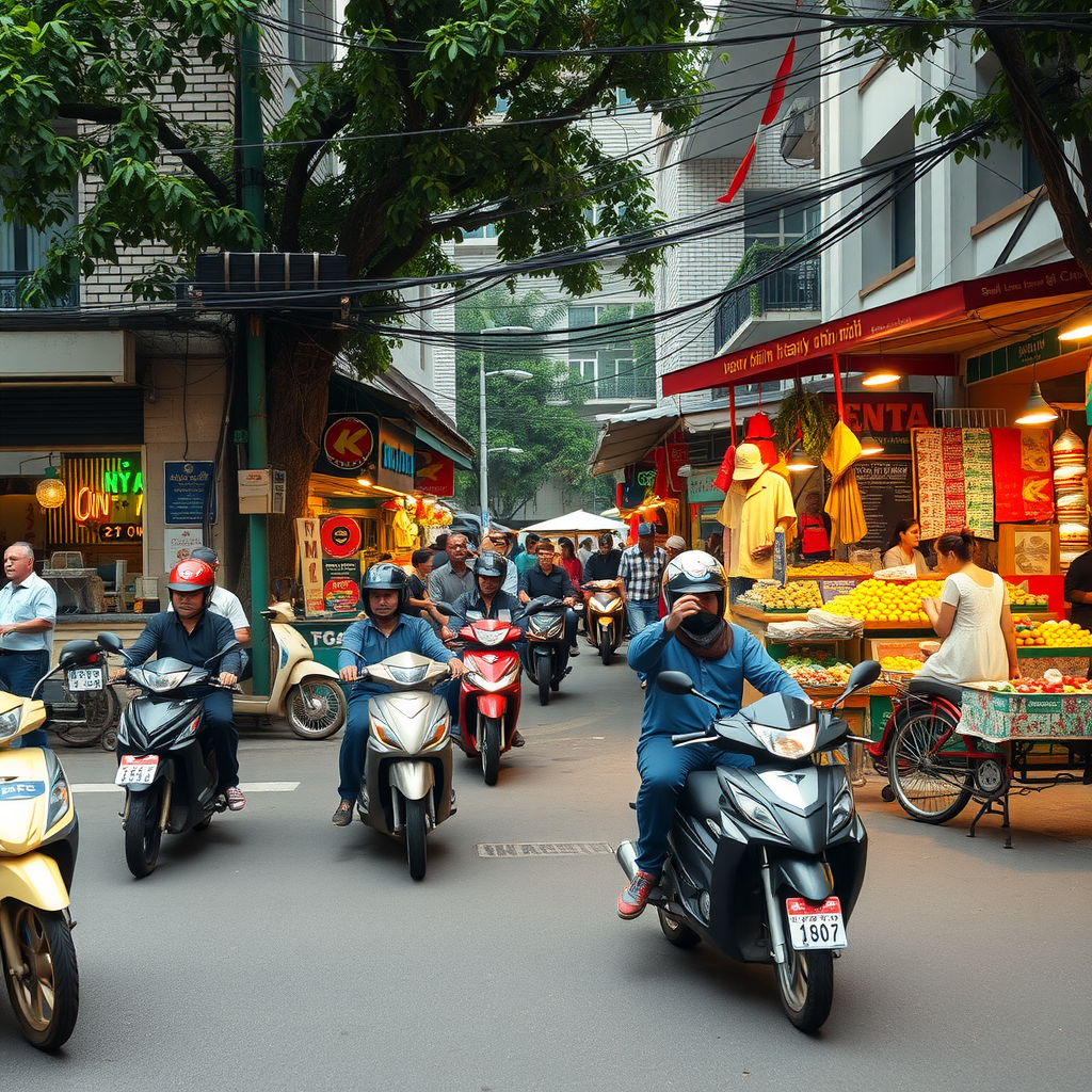 Busy street scene in Hanoi, Vietnam, with scooters and local shops