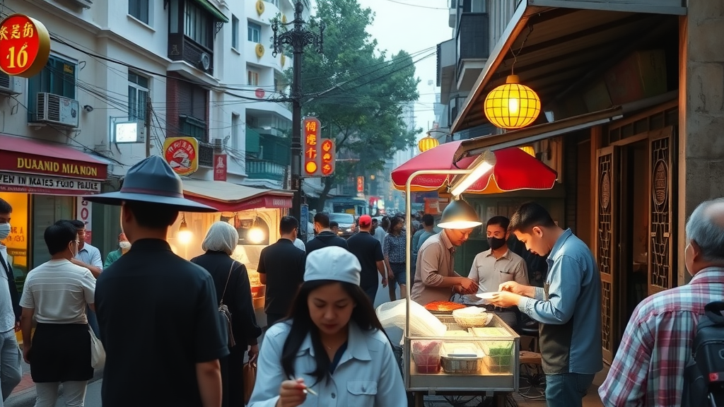 Street food scene in Hanoi with vendors and people enjoying food.