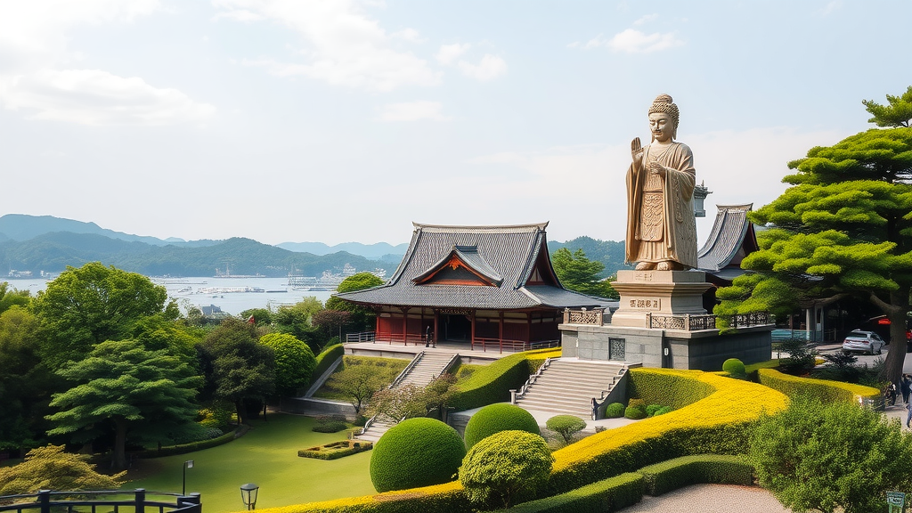 Hase-dera Temple with a large Kannon statue surrounded by lush gardens and hills in the background.