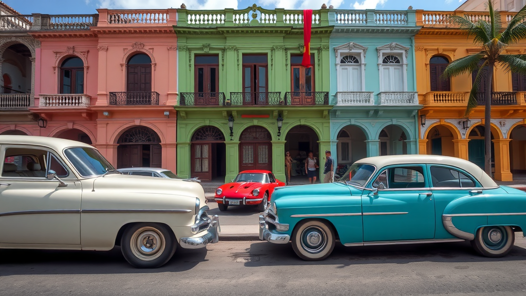 Colorful colonial buildings and classic cars in Havana.