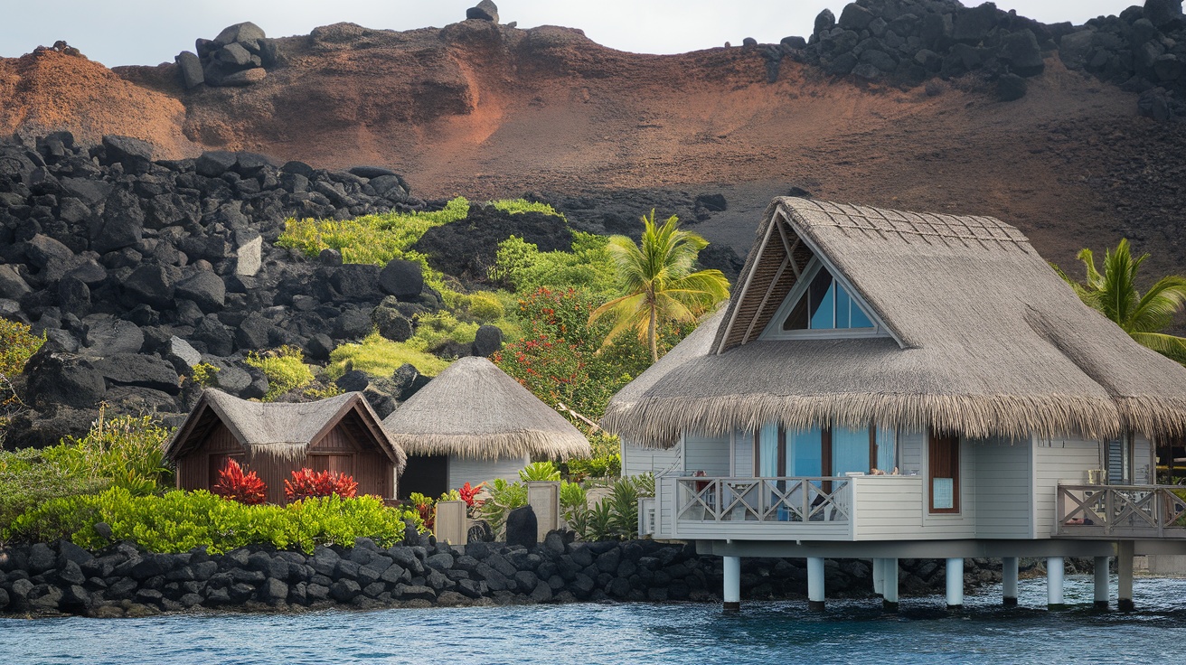 A scenic view of overwater bungalows in Hawaii, set against a backdrop of lush greenery and volcanic rocks.