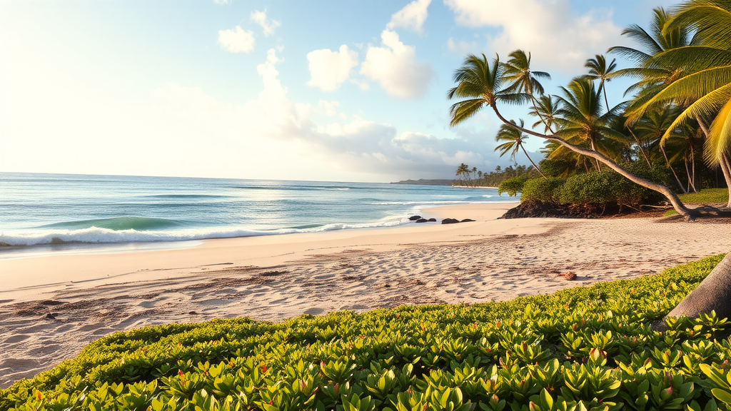 A beautiful sandy beach in Hawaii with palm trees and ocean waves.