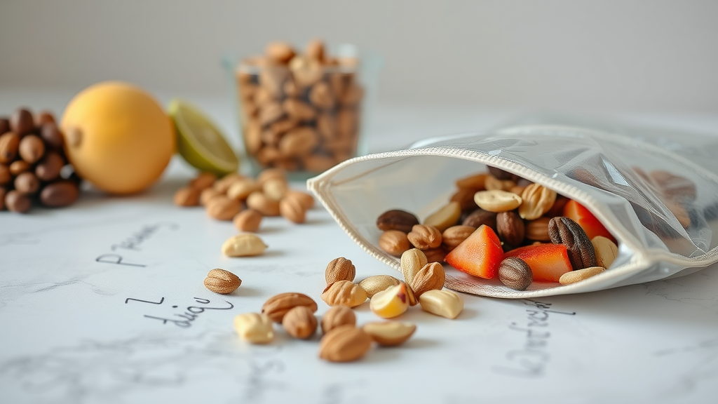 A variety of nuts and dried fruits spilling from a clear bag, with some fresh fruits in the background.