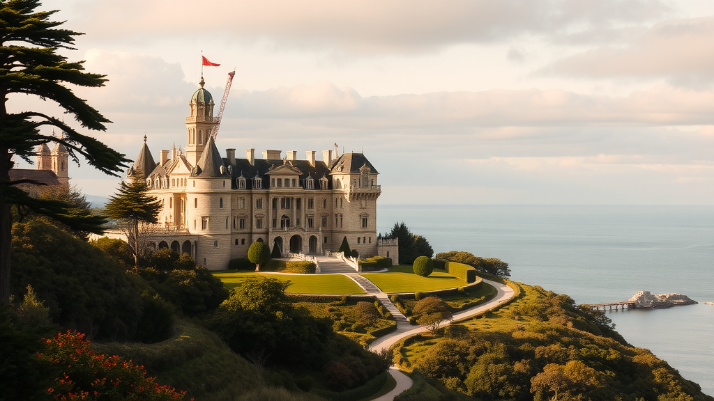 A majestic view of Hearst Castle surrounded by lush greenery and the ocean.