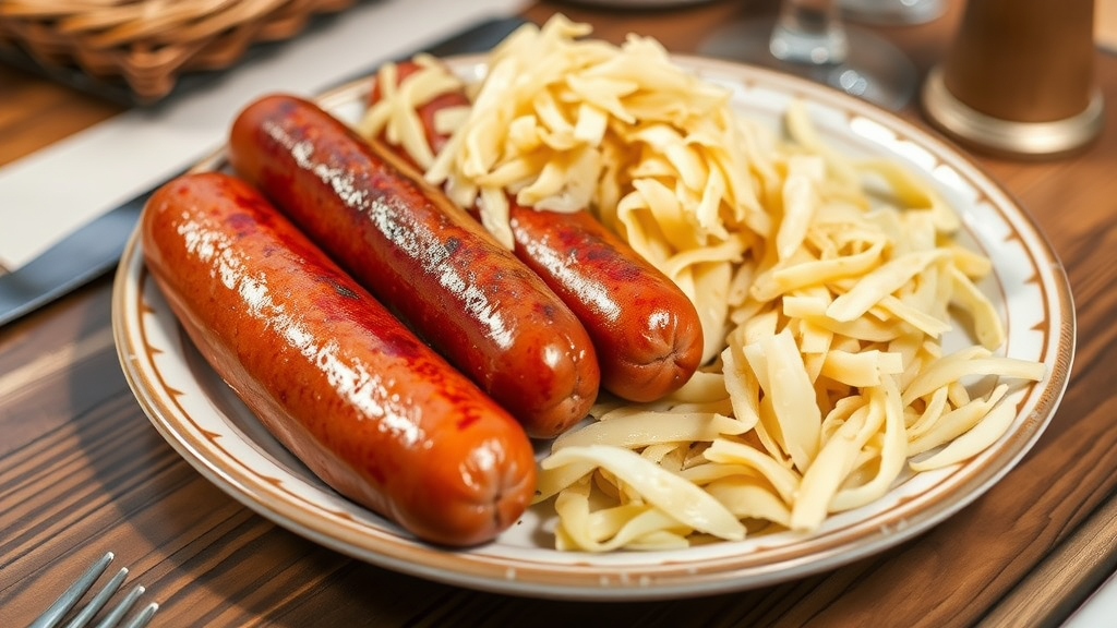 A plate of German sausages and noodles.