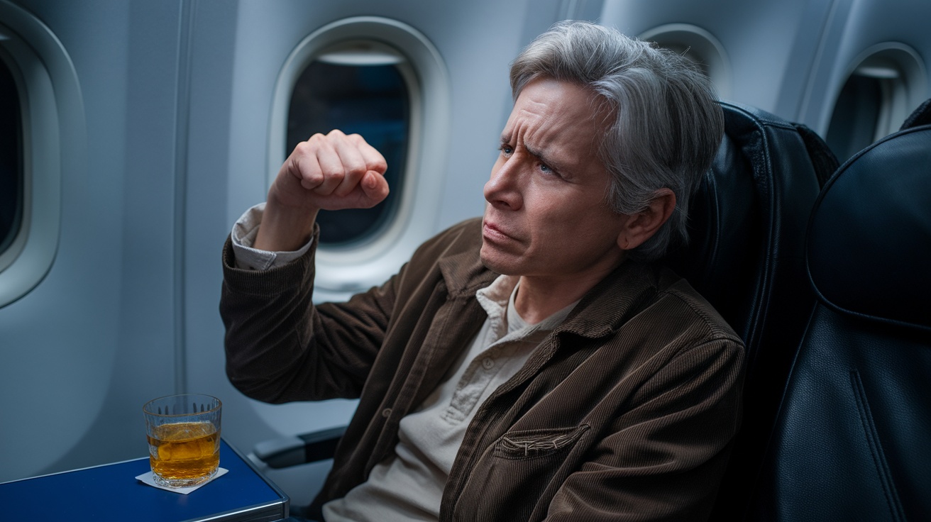 A young man looking stressed while sitting on an airplane with a drink on the table.