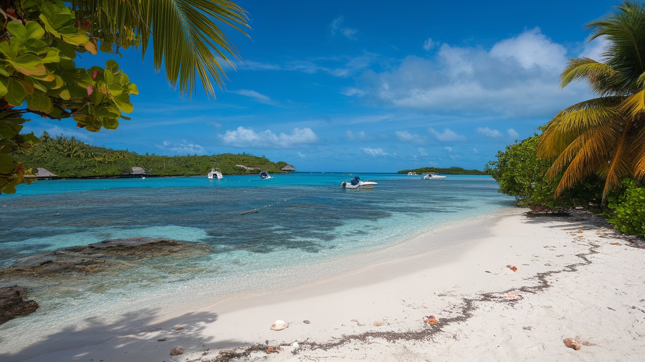 A beautiful hidden beach in the Caribbean with white sand, turquoise water, and palm trees.