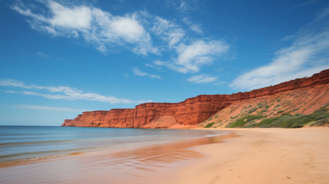 A hidden beach in Australia featuring red cliffs, sandy shores, and clear blue waters.