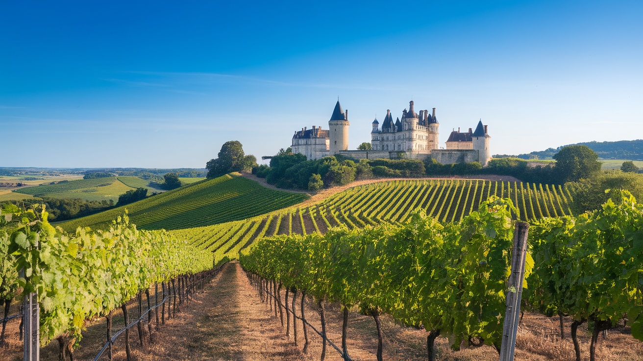 Vineyards in the Loire Valley with a château in the background.