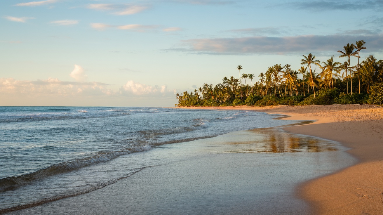 A tranquil beach in Mexico with palm trees and gentle waves