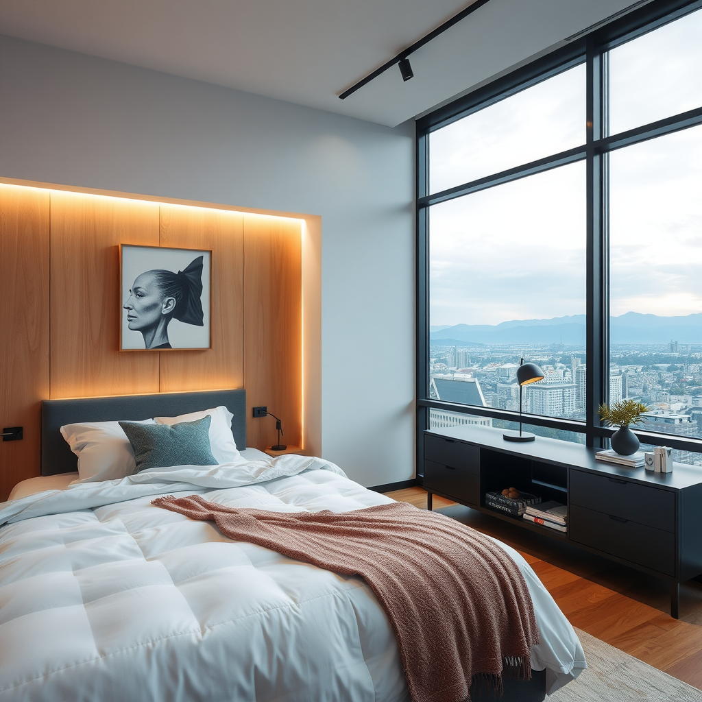 A modern bedroom showcasing high-end technology integration.