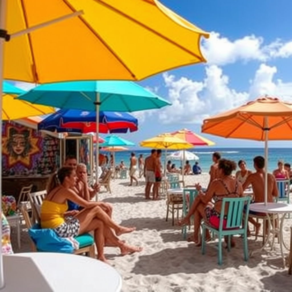 Beach scene at Mambo Beach, Curacao with colorful umbrellas and a relaxed atmosphere.