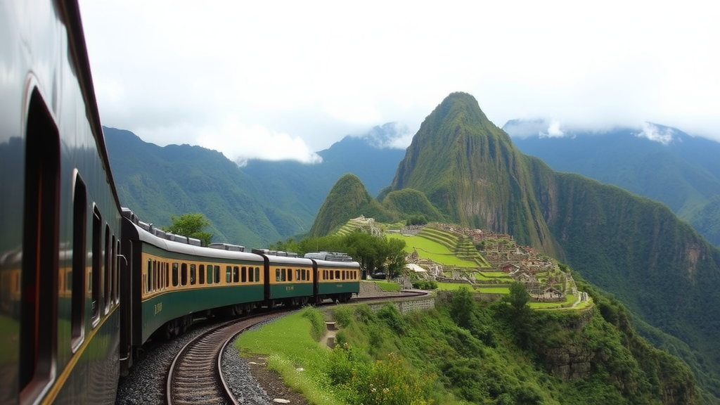 Hiram Bingham Train traveling through scenic mountains in Peru.