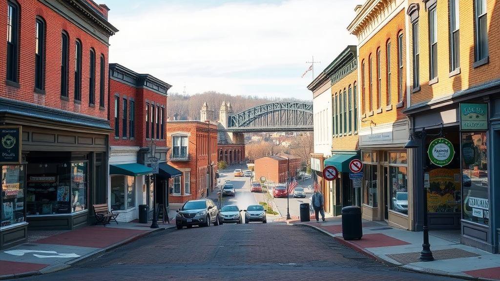 A scenic view of Marietta, Ohio showcasing historic buildings and a bridge in the background.