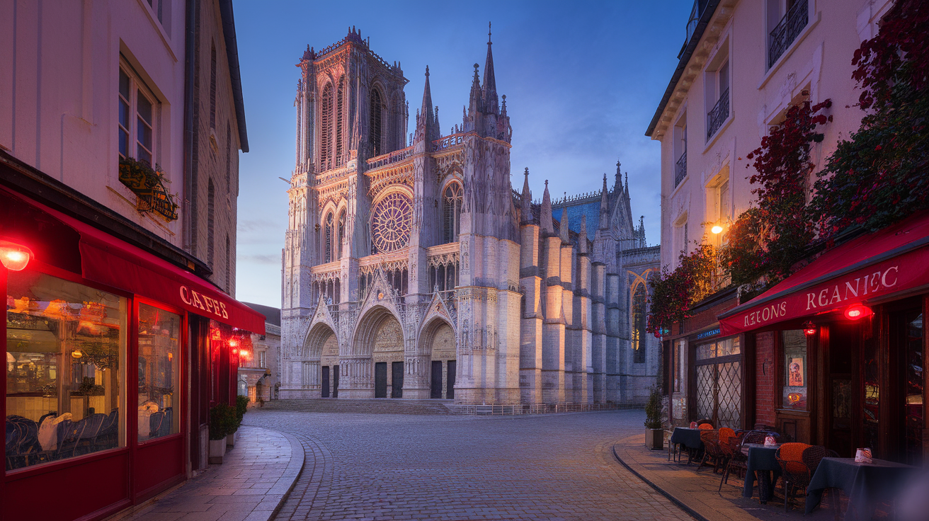 Evening view of Rouen's cathedral with cafes in the foreground