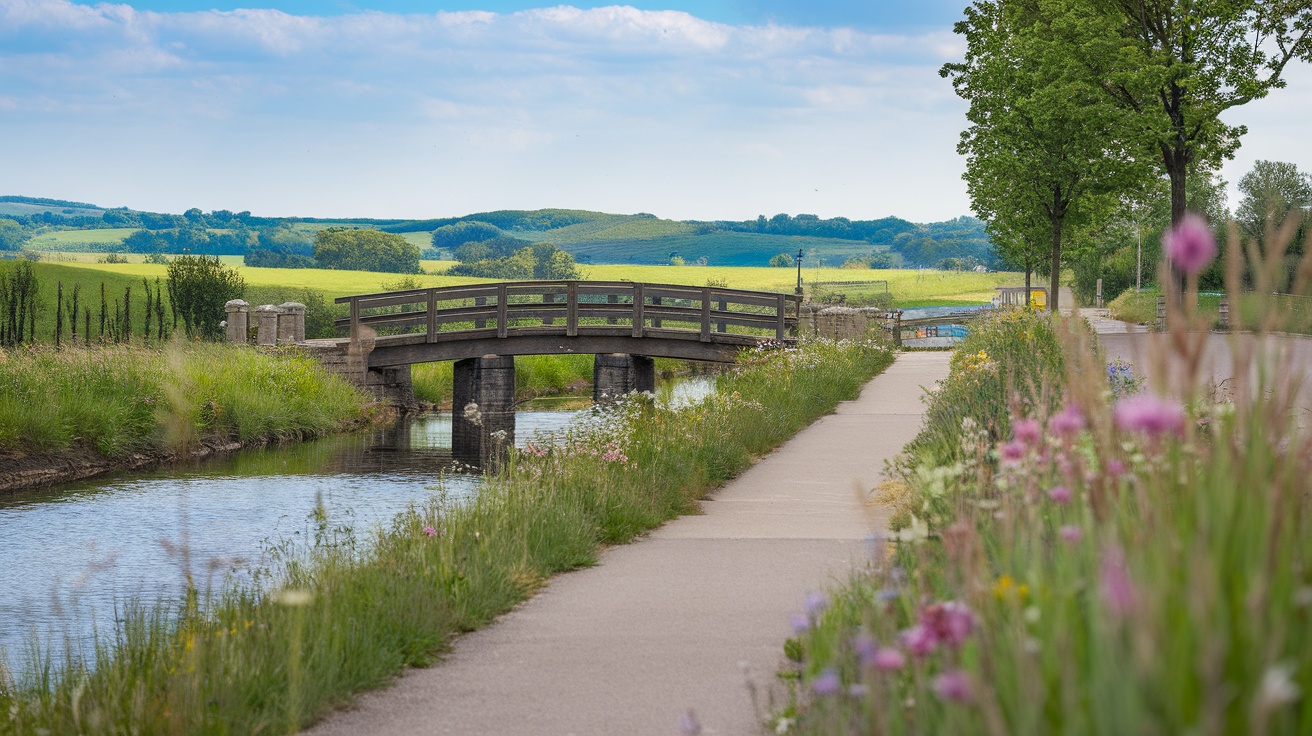 A beautiful biking trail alongside a canal with a wooden bridge and blooming flowers.