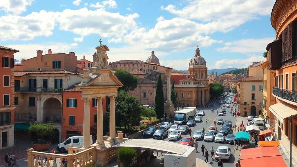 A view of the historic centre of Rome showcasing beautiful architecture and bustling streets.