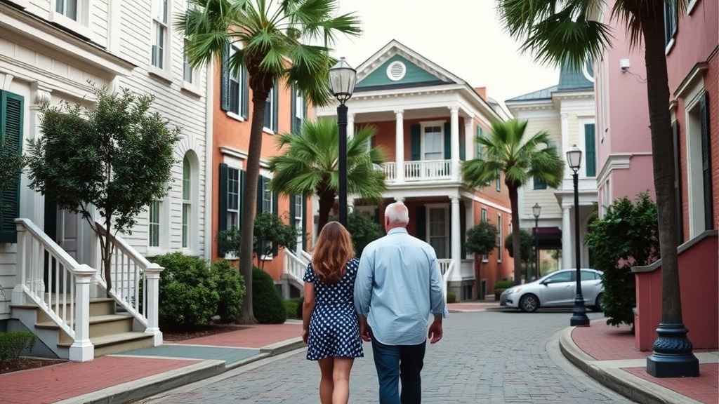 Couple walking in a charming Charleston street with colorful historic buildings.