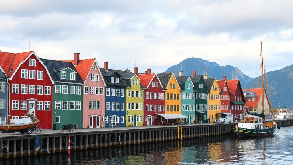 Colorful wooden houses along the harbor in Bergen, Norway.