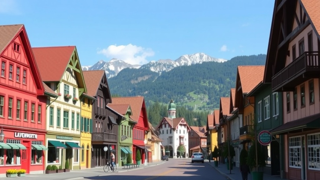 A picturesque view of Leavenworth's Bavarian village showcasing colorful buildings with mountains in the background.