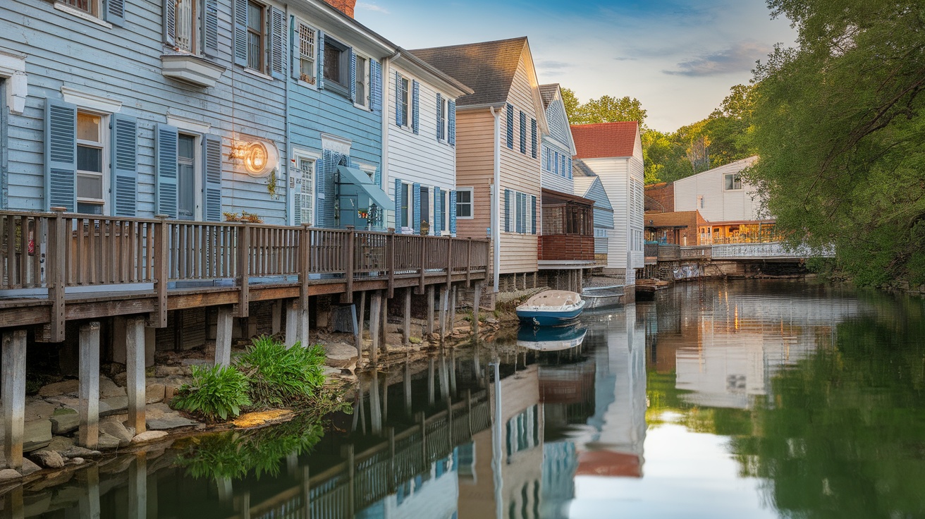 A scenic view of colorful houses along a river in New Hope, Pennsylvania.