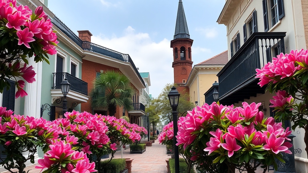 Historic street in Savannah with pink flowers and a church tower.