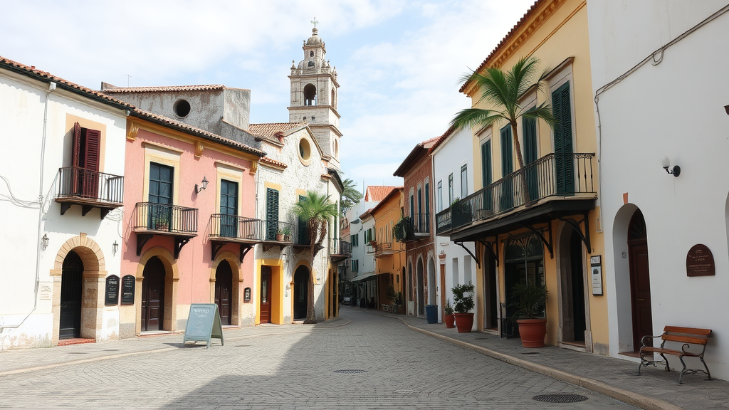 A charming street in St. Augustine, Florida, featuring colorful buildings and a historic bell tower.