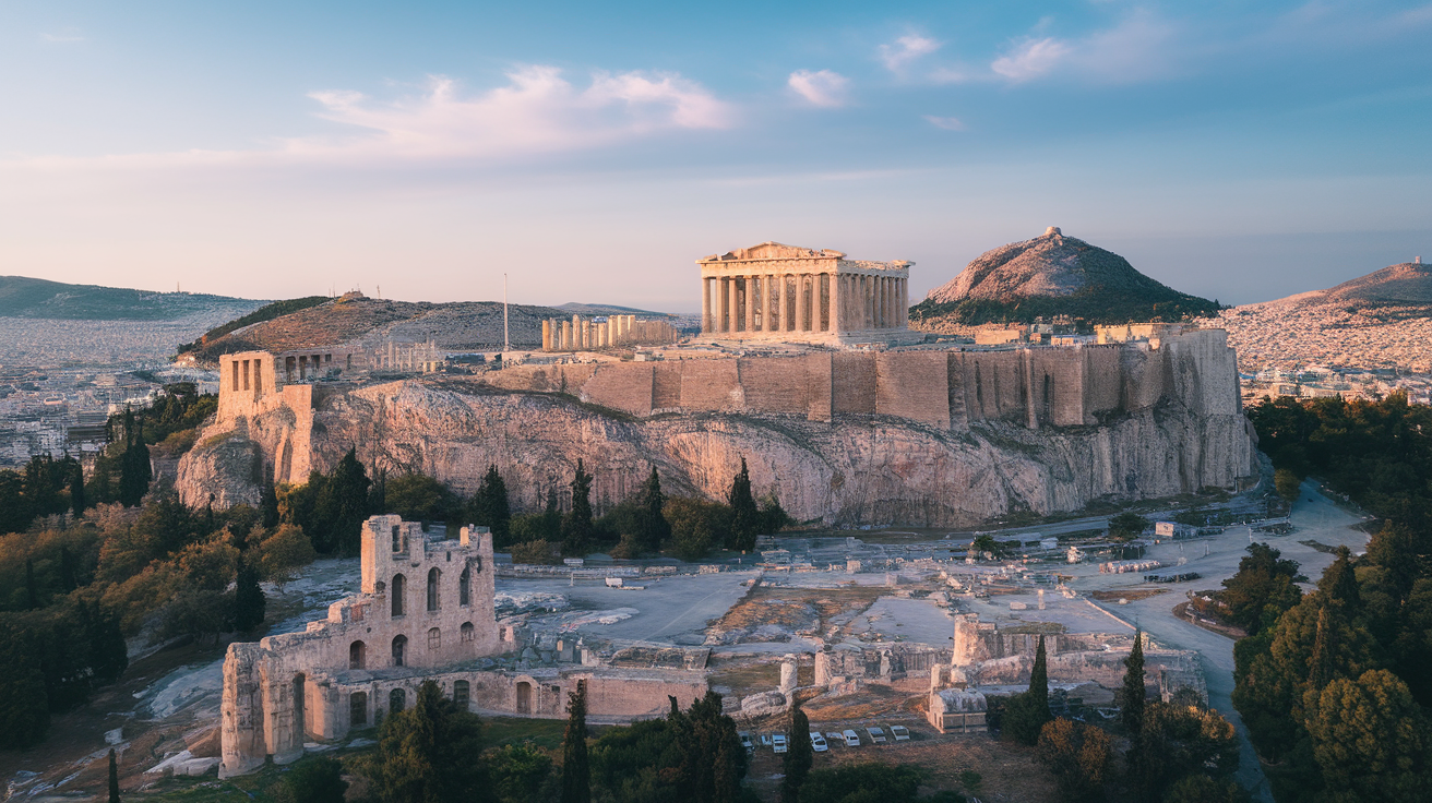 The Parthenon on Acropolis Hill in Athens under a clear blue sky, with visitors exploring the ancient ruins.