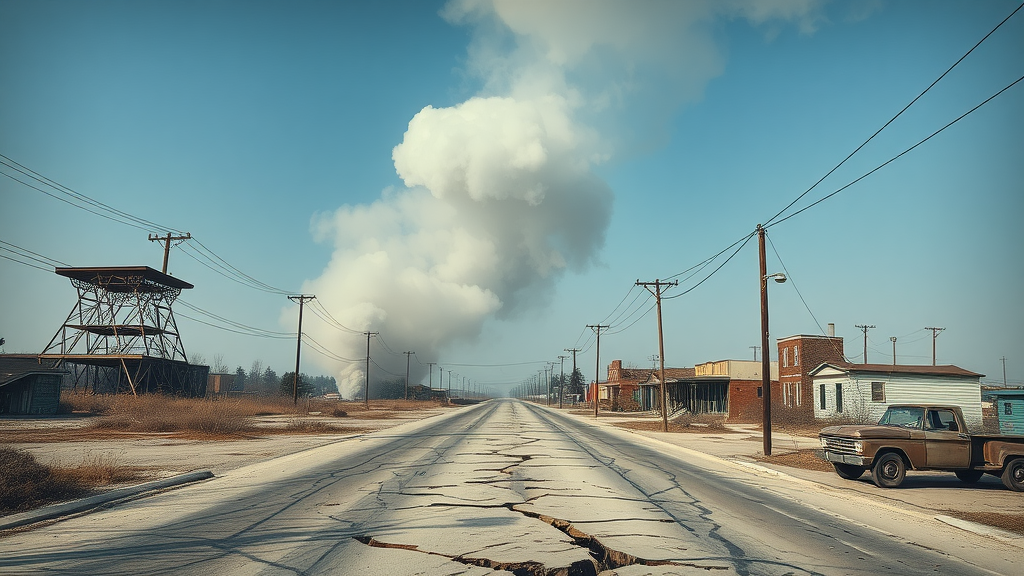 A deserted street in Centralia, Pennsylvania, with abandoned buildings and smoke rising from the ground.