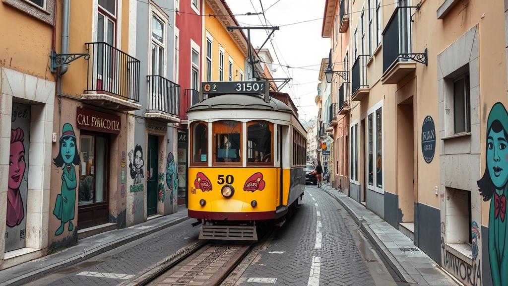 Historic yellow tram on a narrow street in Lisbon with colorful buildings and street art.