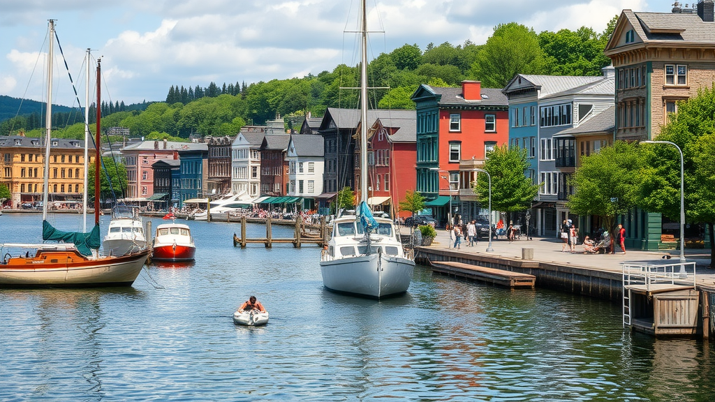 A scenic view of Burlington, Vermont, showcasing colorful buildings along the waterfront with boats in the foreground.