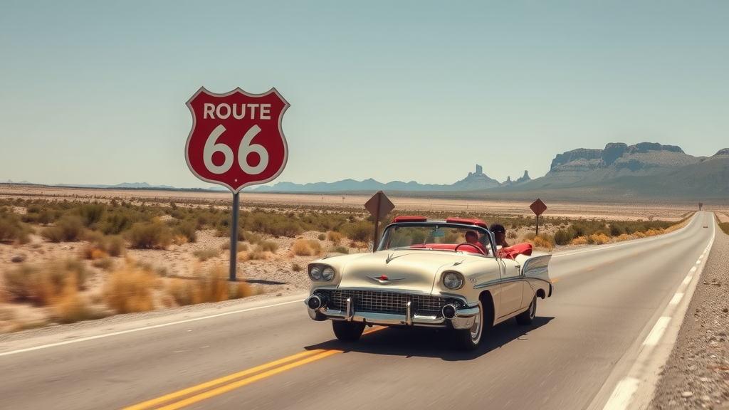 A vintage car drives on Route 66 with retro signs in the background.