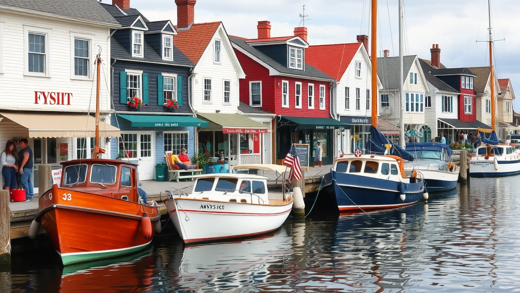 A scenic view of Mystic, Connecticut, showcasing colorful buildings and boats along the waterfront.