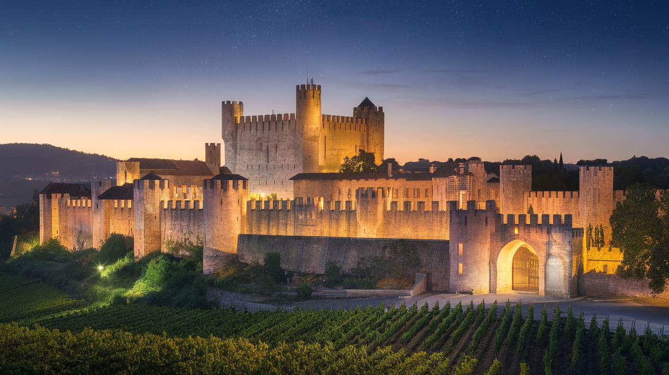 A view of the illuminated fortress of Carcassonne at sunset, surrounded by vineyards.