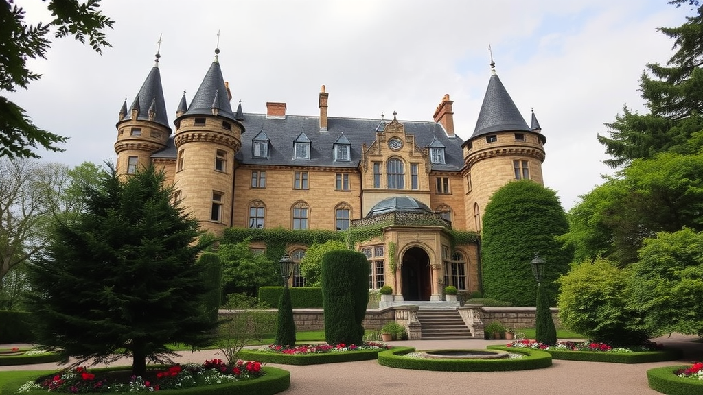 A stunning historical castle with turrets and manicured gardens.