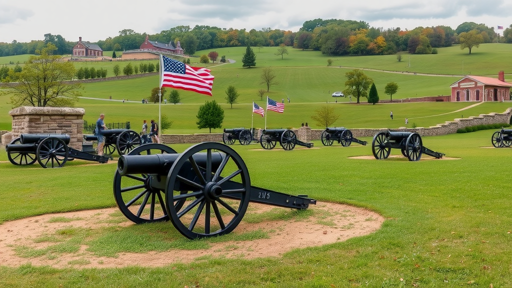 Visitors observing the historic Gettysburg cemetery with a flag flying in the background.