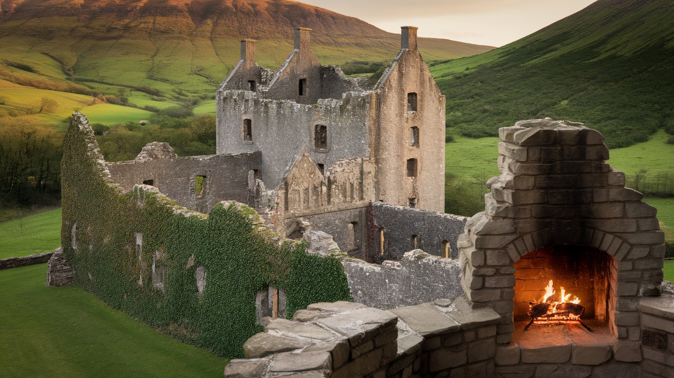 A stunning view of a historic Irish castle ruins surrounded by green hills and a cozy fireplace in the foreground.