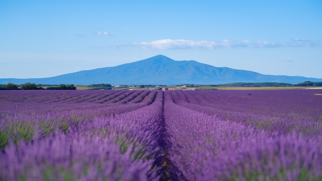 Stunning lavender fields in Hokkaido, Japan with mountains in the background.