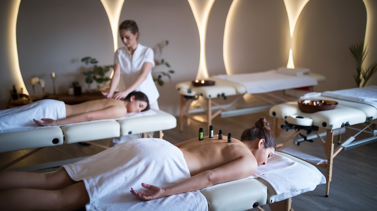 A serene spa setting with two women receiving massages, showcasing essential oils and a calming atmosphere.