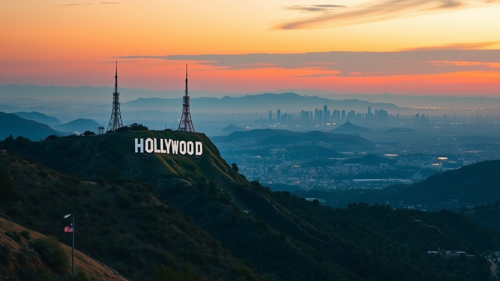 Hollywood Sign at sunset overlooking Los Angeles