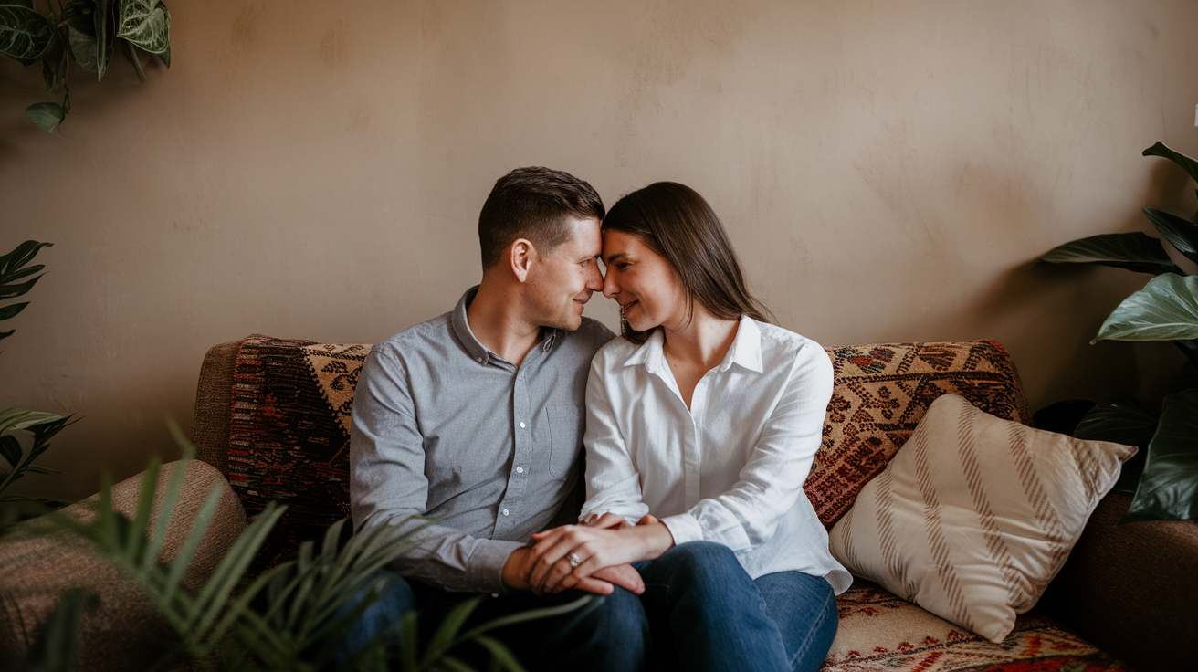 A couple sitting close together on a couch, sharing an intimate moment.